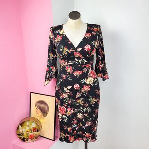 Vintage 90s Black Floral Print Surplice Midi Dress